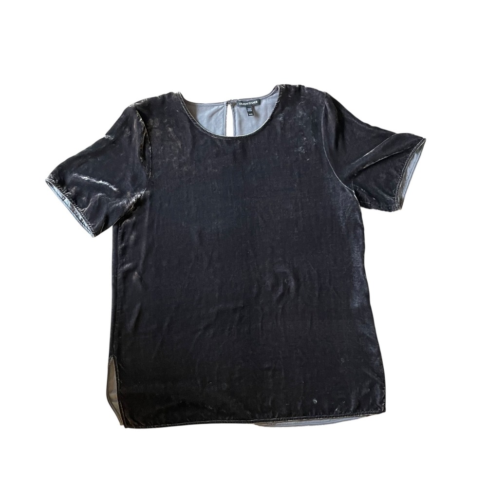 Eileen Fisher Black Velour‎ Top Size M – Rayon Silk Blend Short Sleeve